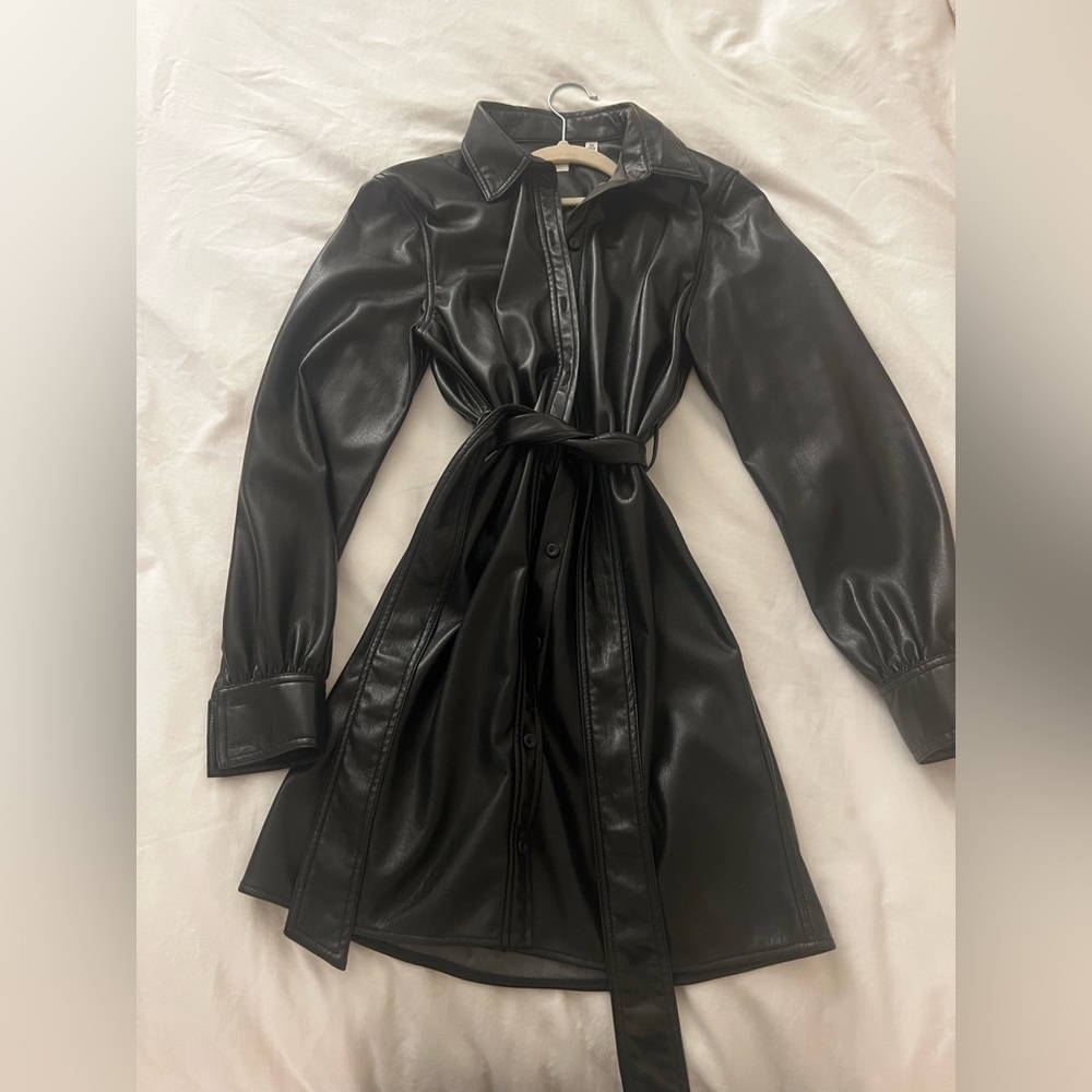 Aritzia black leather tie front dress
